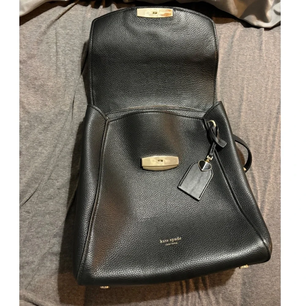 Kate Spade New York Black Pebbled Leather Flap Backpack Gold Hardware Heart Bag